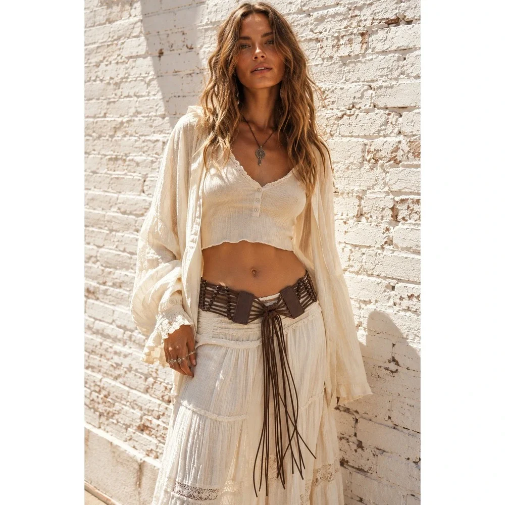 Vintage American Eagle Brown Leather Woven Macrame Fringe Tie Waist Belt Boho
